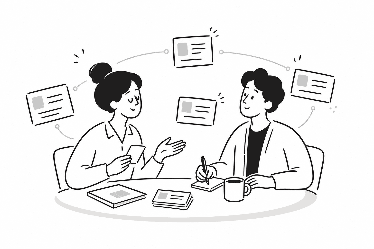 Two care workers sharing reviewed observations across a shift handoff